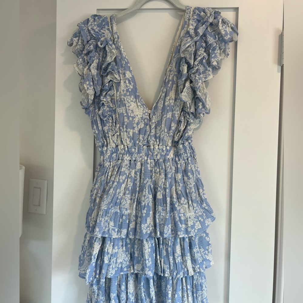 Olivaceous Blue floral ruffle mini dress